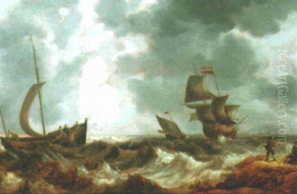 A Dutch Sailing Ship And Other Shipping In Stormy Sea, With Two Figures On The Shore by Bonaventura Peeters the Elder