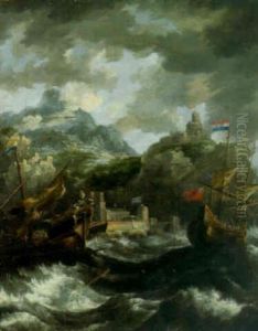 A Dutch Merchantman And A Galley Off A Rocky Coastline