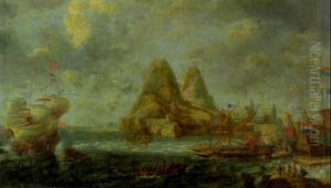 A Capriccio Of A Levantine Harbor With A Man-o'-war Firing A Salute With Galleons Moored At A Quay