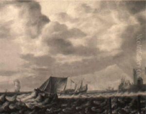 A Wijdschip Sailing Close-hauled Off A Quay, Other Ships Nearby by Bonaventura Peeters the Elder