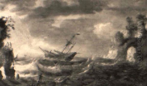 A Merchantman Foundering Off A Rocky Coast In A Gale - view 1