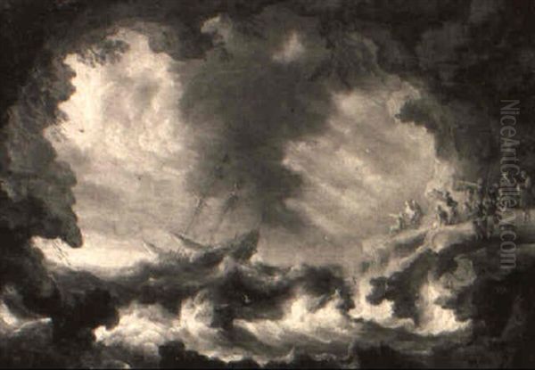 A Merchantman Foundering Off A Rocky Coast In A Gale - view 1