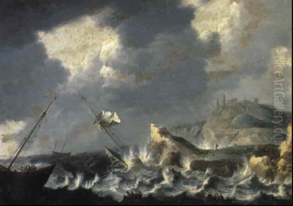Shipwrecks In Choppy Seas Off A Rocky Coast - view 1