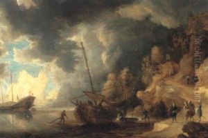 Merchants Boarding A Galley Moored Off A Mediterranean Coastline