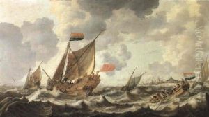 Rowing Vessel Approaching A Zeeland States Yacht Firing A Salute