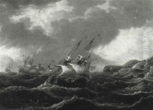 Dutch Merchantmen With Other Shipping Off A Ricky Coastline - view 1