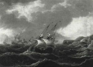 Dutch Merchantmen With Other Shipping Off A Ricky Coastline
