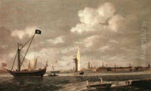 Dignitaries In A Rowing Boat Approaching A State Yacht At   Anchor In Mid Estuary Before The Walls Of The City Of by Bonaventura Peeters the Elder
