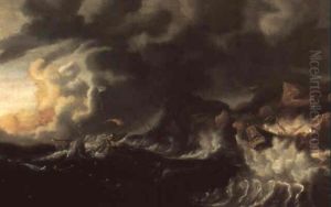 Des Bateaux Dans Une Tempete Pres De Rochers by Bonaventura Peeters the Elder