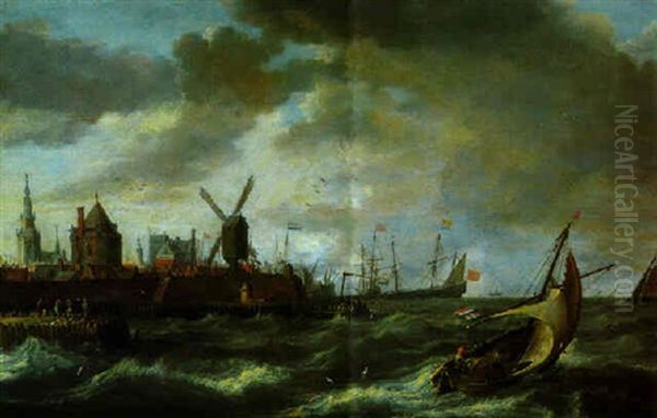 Boote Auf Sturmischer See Vor Einer Befestigten Stadt - view 1