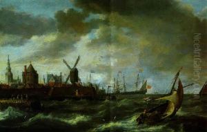 Boote Auf Sturmischer See Vor Einer Befestigten Stadt by Bonaventura Peeters the Elder