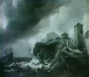 Ships Foundering In A Stormy Sea Off A Rocky Headland
