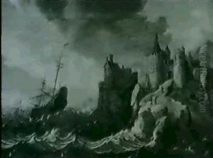 Ships In A Stormy Sea Near A Fortified Headland Ships In A Stormy Sea Near A Fortified Headland