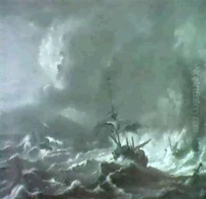 Merchantmen Foudering Off A Rocky Coast In A Gale. by Bonaventura Peeters the Elder