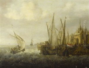 Shipping In Choppy Seas Off A Harbour by Jan Peeters the Elder