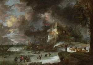 Winterliche Kustenlandschaft Mit Schiffen Und Rentierschlitten Auf Dem Eis