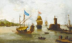Shipping Approaching A Harbor In A Calm, Villages On The Horizon by Jan Peeters the Elder