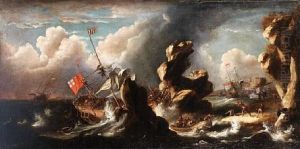 A Rocky Coastline With A Ship Running Aground In A Storm by Jan Peeters the Elder