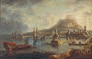 A Capriccio Of A Mediterranean Port With Ships In A Busy Harbor