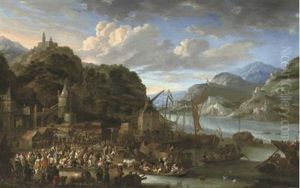 A Mountainous River Landscape With A Harbour Town, A Market Scene In The Foreground, A Castle On Top Of A Hill Beyond by Jan Peeters the Elder