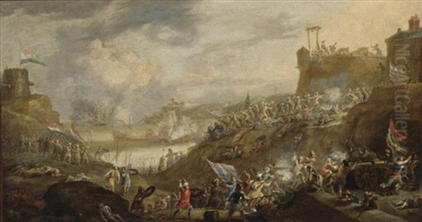 A Battle Scene Between Dutch And Turkish Soldiers With Artillery, Near A Fortress On A Mediterranean Coast, A Naval Battle In The Bay Nearby by Jan Peeters the Elder