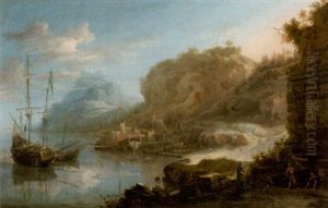 A Coastal Inlet With Moored Shipping And Figures On The Shore by Jan Peeters the Elder