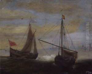 Zwei Fischerboote Auf Der Schelde Bei Bewegter See, Mit Blick Auf Antwerpen