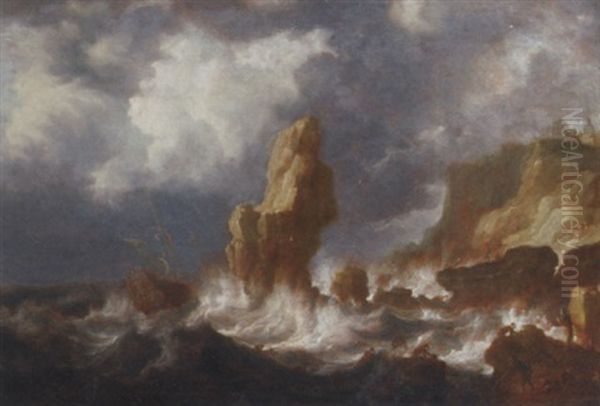 A Shipwrecked Three Master Off A Rocky Coast In A Gale, Survivors In The Foreground - view 1