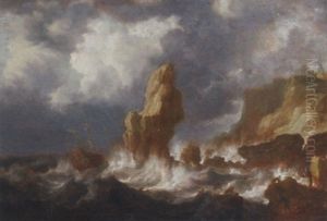 A Shipwrecked Three Master Off A Rocky Coast In A Gale, Survivors In The Foreground by Jan Peeters the Elder