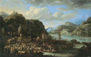 Mountainous River Landscape With Boats Unloading At A Crowded Quayside Market Mountainous River Landscape With Boats Unloading At A Crowded Quayside Market