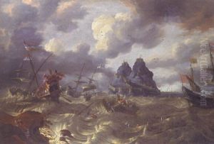 Eine Galeere, Galeonen Und Andere Schiffe Im Sturm Vor Befestigten Felsen by Jan Peeters the Elder