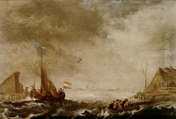 An Estuary Scene With Sailing Vessels In Choppy Seas - view 1