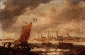 Shipping Vessels On Choppy Seas With Figures Disembarking A Fishing Boat, A View Of Antwerp Beyond by Jan Peeters the Elder