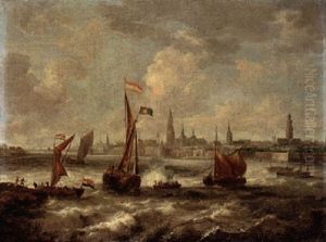 Shipping Vessels On Choppy Seas Off The Coast Of Antwerp by Jan Peeters the Elder