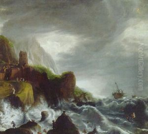 A Storm At Sea With Survivors From A Shipwreck On A Rocky Coastline, A Fortified Town Beyond by Jan Peeters the Elder