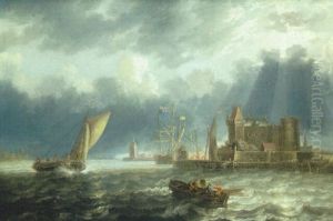Embarcation Prises Dans Un Coup De Vent A L'entree D'un Port Fortifie