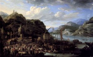 A Mountainous River Landscape With A Crowded Market Scene, A Castle On Top Of A Hill Beyond by Jan Peeters the Elder