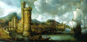 A Mediterranean Port With A Man-of-war Firing A Salute And Other Shipping Moored In The Harbour by Jan Peeters the Elder