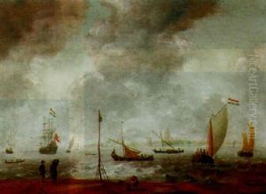 An Estuary Scene With Small Dutch Vessels In A Short Chop, A Man-o'-war At Anchor, And Figures On A Beach In The Foreground by Jan Peeters the Elder