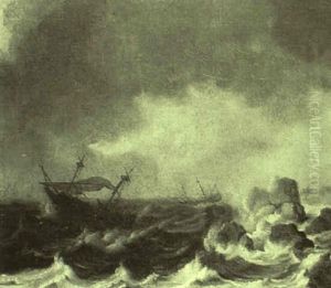 Vessels In Choppy Waters Off A Rocky Coastline by Jan Peeters the Elder