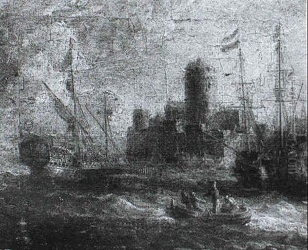 Shipping In Choppy Seas Before A Fortified Town - view 1