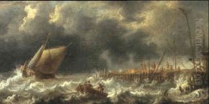 A Small Vessel On A Stormy Sea Watched By Figures On A Pier