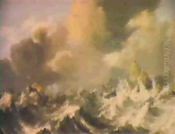 A Stormy Seascape With Shipping In Distress And A Boat Foundering Against A Rocky Coastline - view 1