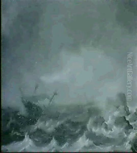 Segelfartyg I Storm Vid Klippig Kust - view 1