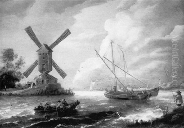 Moulin Sur Les Bords D'une Riviere Animee De Barques De Pecheurs - view 1