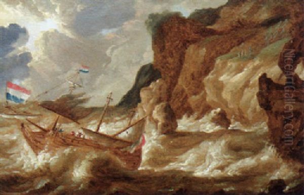 A Man-o`-war Foundering Off A Rocky Coastline In A Storm - view 1
