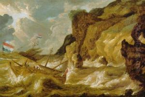 A Man-o'-war Foundering In A Storm Off A Rocky Coastline