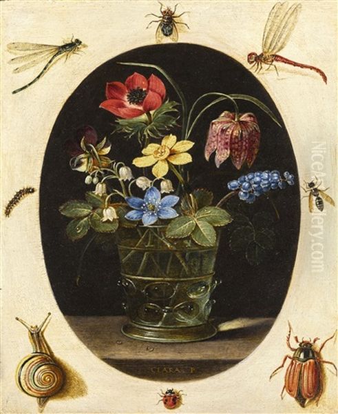 Still Life With Flowers In A Glass Vase Surrounded By Insects And A Snail - view 1