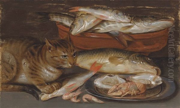 A Cat Sitting On A Table By A Bowl Of Fish And A Pewter Plate, With Two Oysters, A Crayfish And Shrimps - view 1