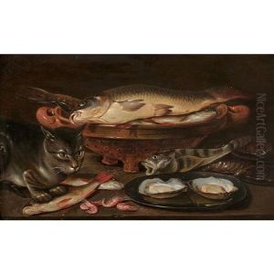 Nature Morte Aux Poissons, Huitres, Crevettes, Animee D'un Chat